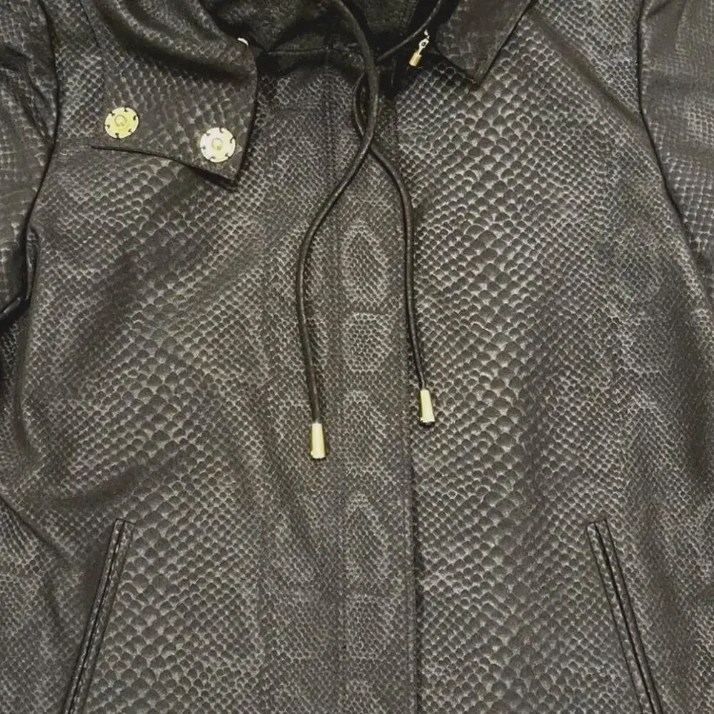 St John Collection Women Black Snakeskin Embossed Hooded Jacket Gold Trim S